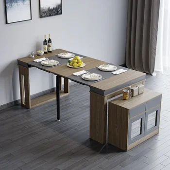 Современный выдвижной обеденный стол, прямоугольный буфет для хранения вещей， Ореховый и серый / белый/