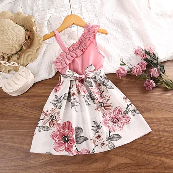 Детское платье для девочек Розовое платье в стиле пэчворк с диагональным принтом на плечах для милого образа