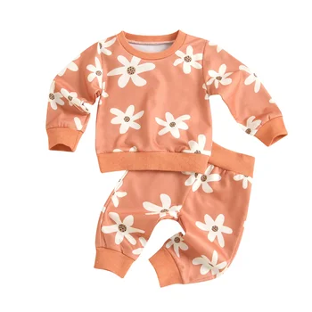 Костюм С толстовкой и брюками для новорожденных девочек, модные топы с длинными рукавами и длинные брюки в цветочек, весна-осень