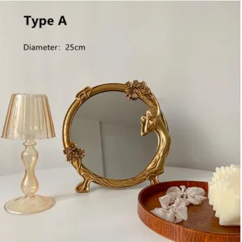 Старинные золотые зеркала для стола декоративные Европейский смолы резные круглые, Античное зеркало, комод, подставка косметические зеркала настенный декор