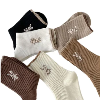 Женские носки с вышитым кроликом, однотонные женские носки, осень и зима, Япония, милые хлопчатобумажные носки Kawaii для девочек в стиле Харадзюку