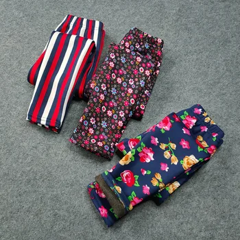 Осенние детские брюки плюс бархатные леггинсы для девочек Зимние винтажные леггинсы с цветочным рисунком для девочек