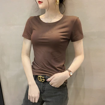 Кофейная модальная футболка с круглым вырезом, женская футболка с коротким рукавом, летняя новинка 2023, тренд на полутонкую рубашку