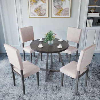 Кухонный обеденный стол из 5 предметов с круглым столом, 4 обеденных стула с мягкой обивкой для небольших помещений, серый стол + бежевый стул