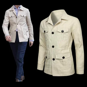 Рабочая одежда с лацканами и несколькими карманами, мужская повседневная льняная куртка в британском ретро-стиле